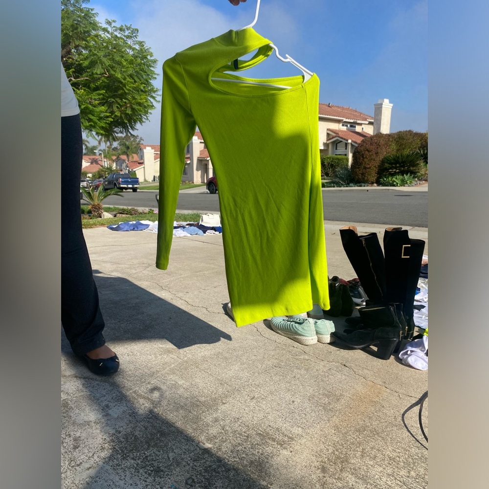 neon green off the shoulder mini dress